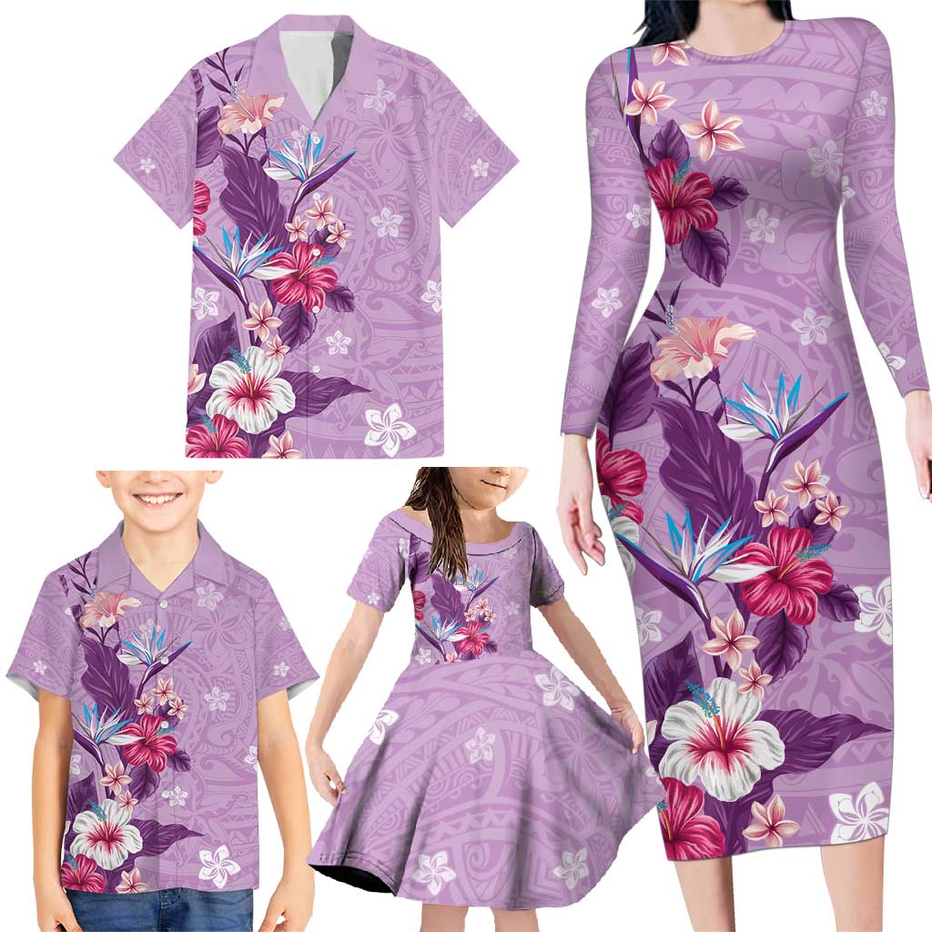 Hawaii Tropical Flowers Family Matching Long Sleeve Bodycon Dress and Hawaiian Shirt Polynesian Tattoo Lavender LT05 - Polynesian Pride