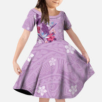 Hawaii Tropical Flowers Family Matching Off The Shoulder Long Sleeve Dress and Hawaiian Shirt Polynesian Tattoo Lavender LT05 Daughter's Dress Lavender - Polynesian Pride