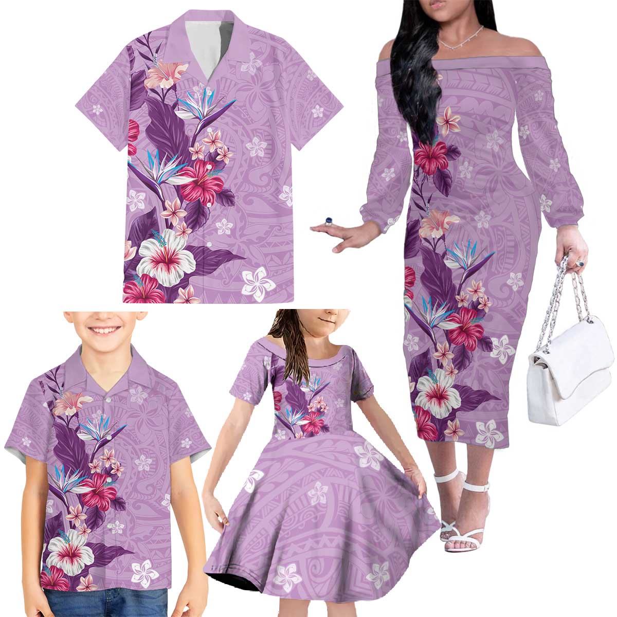 Hawaii Tropical Flowers Family Matching Off The Shoulder Long Sleeve Dress and Hawaiian Shirt Polynesian Tattoo Lavender LT05 - Polynesian Pride