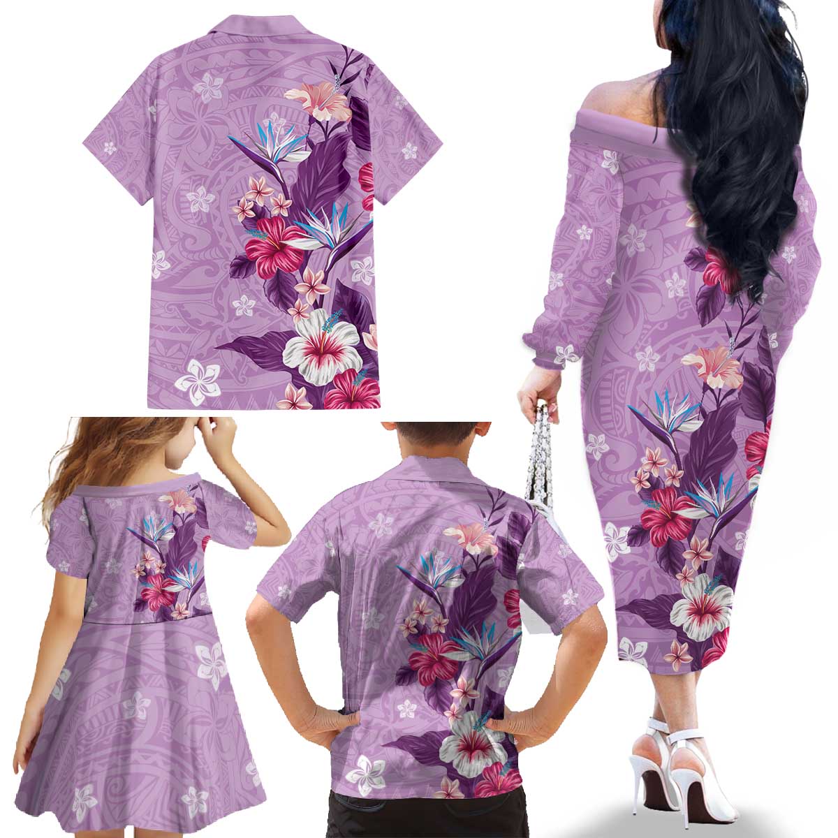 Hawaii Tropical Flowers Family Matching Off The Shoulder Long Sleeve Dress and Hawaiian Shirt Polynesian Tattoo Lavender LT05 - Polynesian Pride