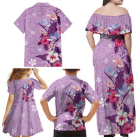 Hawaii Tropical Flowers Family Matching Off Shoulder Maxi Dress and Hawaiian Shirt Polynesian Tattoo Lavender LT05 - Polynesian Pride