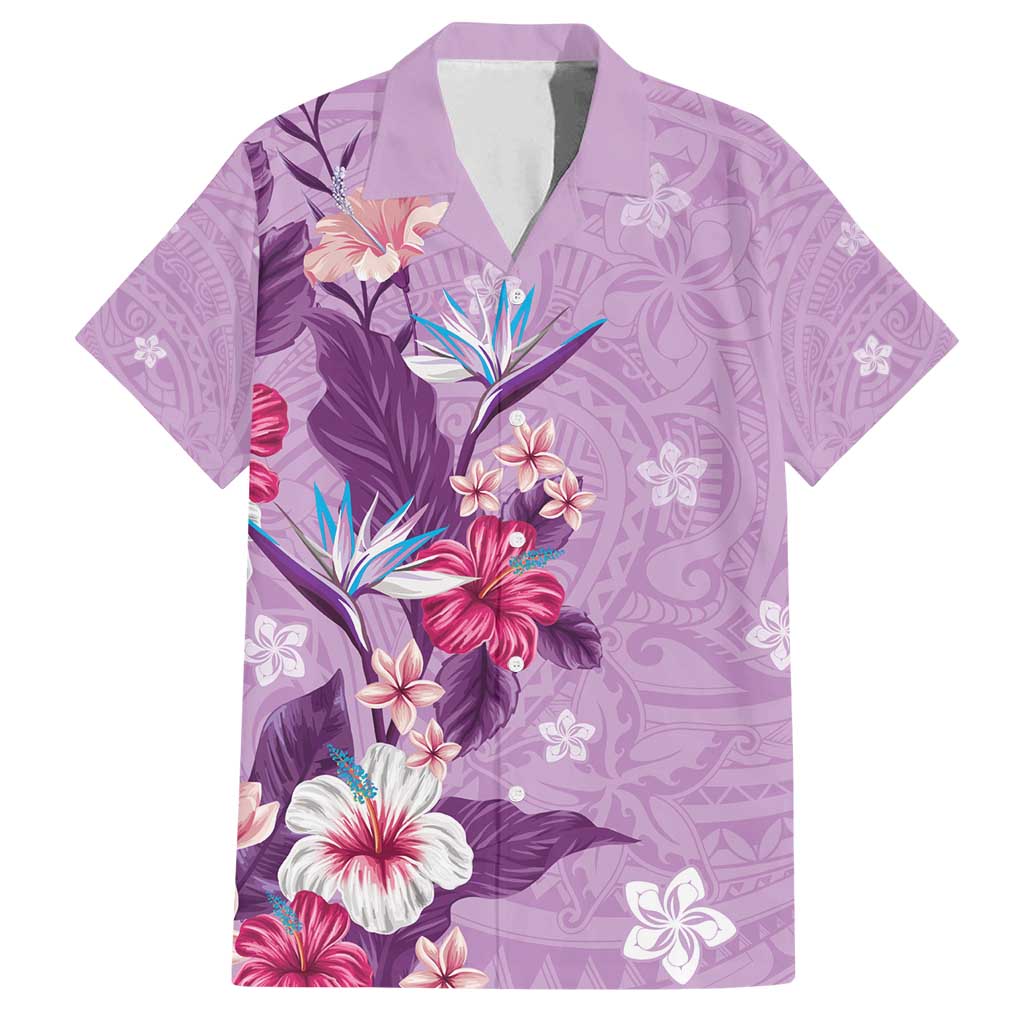 Hawaii Tropical Flowers Family Matching Off Shoulder Maxi Dress and Hawaiian Shirt Polynesian Tattoo Lavender LT05 Dad's Shirt - Short Sleeve Lavender - Polynesian Pride
