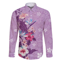 Hawaii Tropical Flowers Family Matching Off Shoulder Maxi Dress and Hawaiian Shirt Polynesian Tattoo Lavender LT05 Dad's Shirt - Long Sleeve Lavender - Polynesian Pride