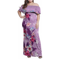 Hawaii Tropical Flowers Family Matching Off Shoulder Maxi Dress and Hawaiian Shirt Polynesian Tattoo Lavender LT05 Mom's Dress Lavender - Polynesian Pride