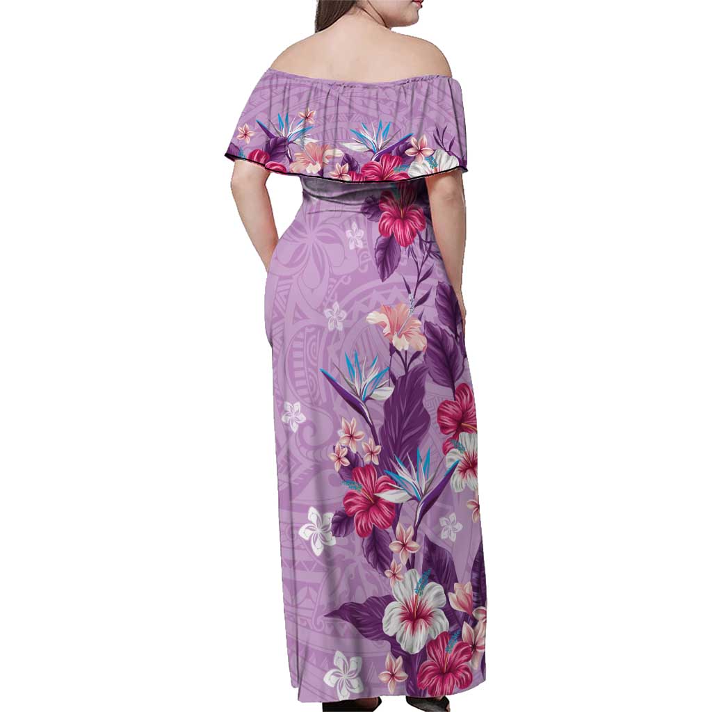 Hawaii Tropical Flowers Family Matching Off Shoulder Maxi Dress and Hawaiian Shirt Polynesian Tattoo Lavender LT05 - Polynesian Pride