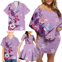 Hawaii Tropical Flowers Family Matching Off Shoulder Short Dress and Hawaiian Shirt Polynesian Tattoo Lavender LT05 - Polynesian Pride
