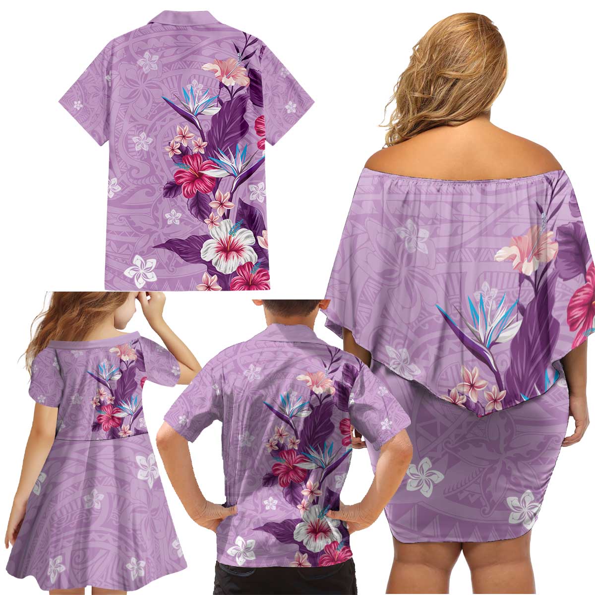 Hawaii Tropical Flowers Family Matching Off Shoulder Short Dress and Hawaiian Shirt Polynesian Tattoo Lavender LT05 - Polynesian Pride