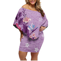Hawaii Tropical Flowers Family Matching Off Shoulder Short Dress and Hawaiian Shirt Polynesian Tattoo Lavender LT05 Mom's Dress Lavender - Polynesian Pride
