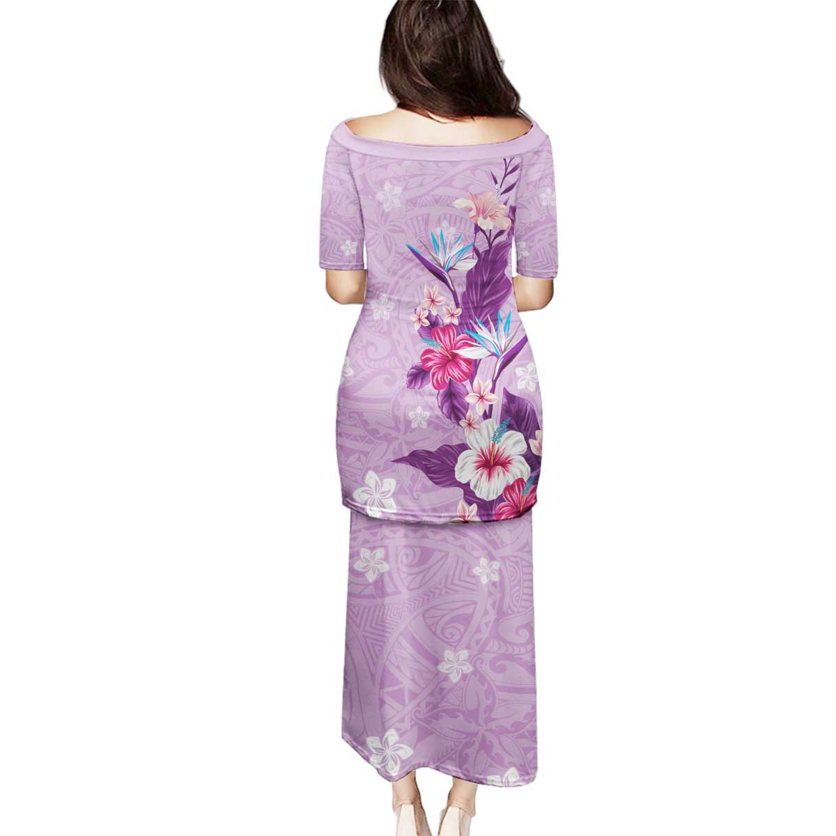 Hawaii Tropical Flowers Family Matching Puletasi and Hawaiian Shirt Polynesian Tattoo Lavender