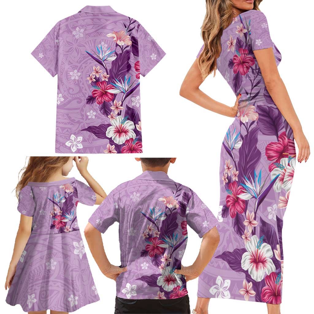 Hawaii Tropical Flowers Family Matching Short Sleeve Bodycon Dress and Hawaiian Shirt Polynesian Tattoo Lavender LT05 - Polynesian Pride