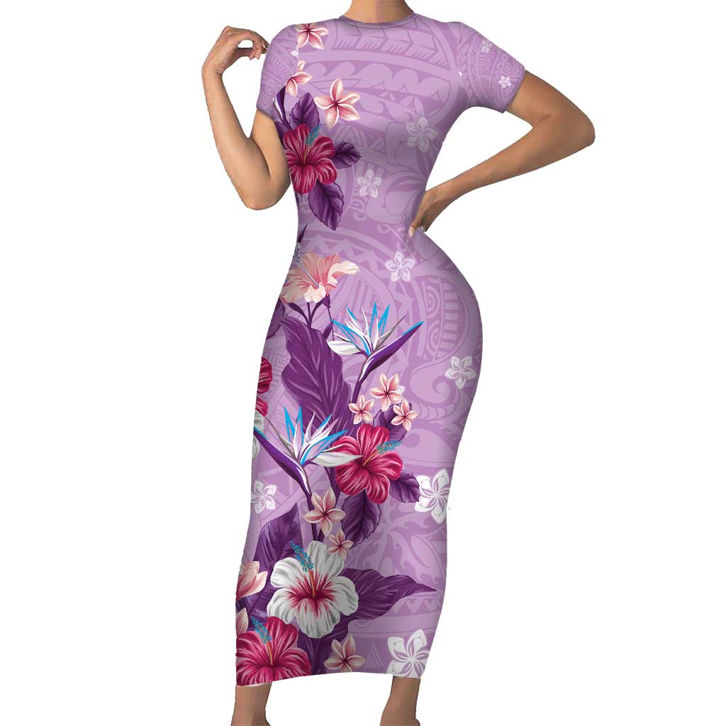 Hawaii Tropical Flowers Family Matching Short Sleeve Bodycon Dress and Hawaiian Shirt Polynesian Tattoo Lavender LT05 Mom's Dress Lavender - Polynesian Pride