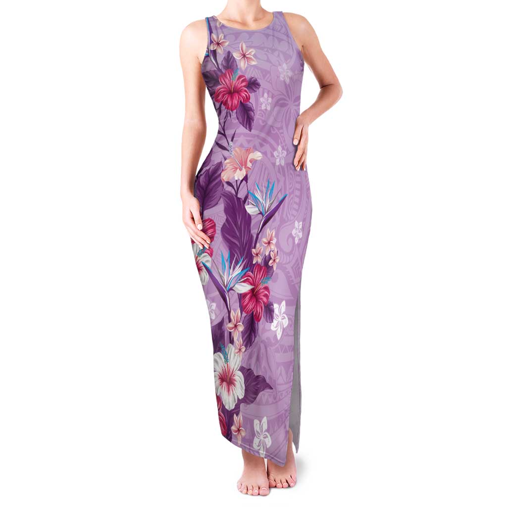 Hawaii Tropical Flowers Family Matching Tank Maxi Dress and Hawaiian Shirt Polynesian Tattoo Lavender LT05 Mom's Dress Lavender - Polynesian Pride