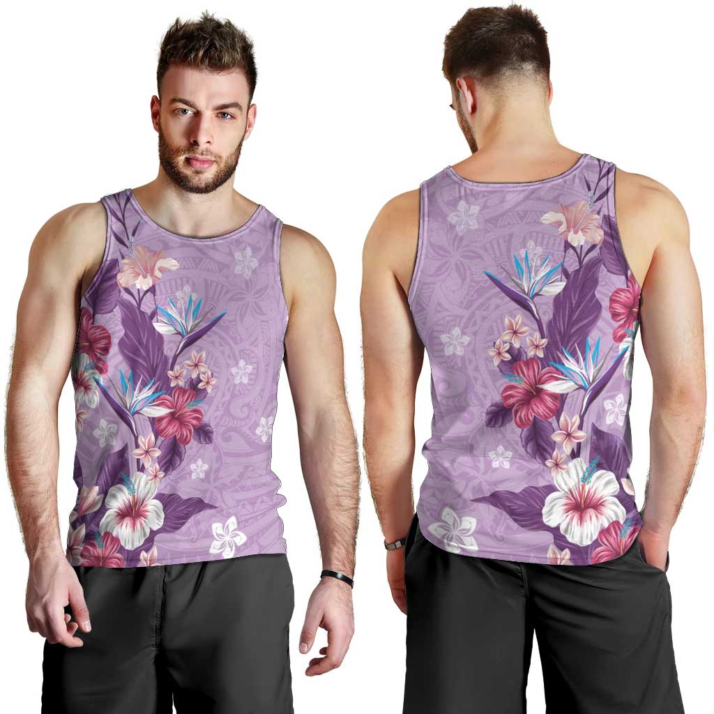 Hawaii Tropical Flowers Men Tank Top Polynesian Tattoo Lavender