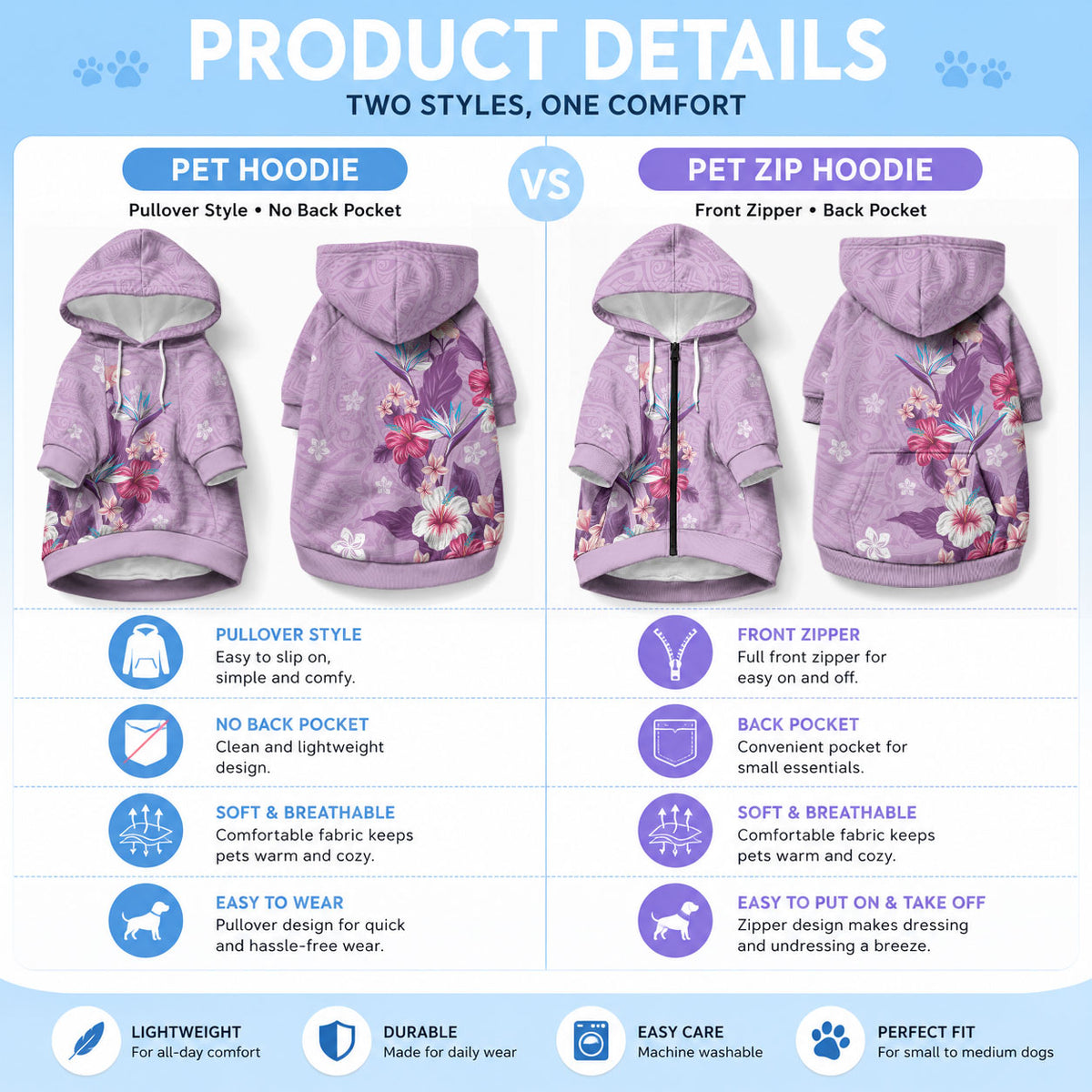 Hawaii Tropical Flowers Pet Hoodie Polynesian Tattoo Lavender LT05 - Polynesian Pride