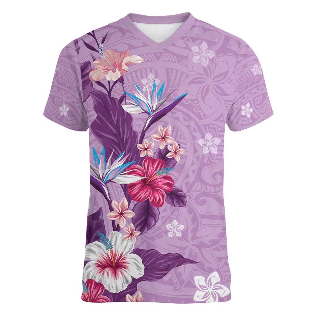 Hawaii Tropical Flowers Women V-Neck T-Shirt Polynesian Tattoo Lavender