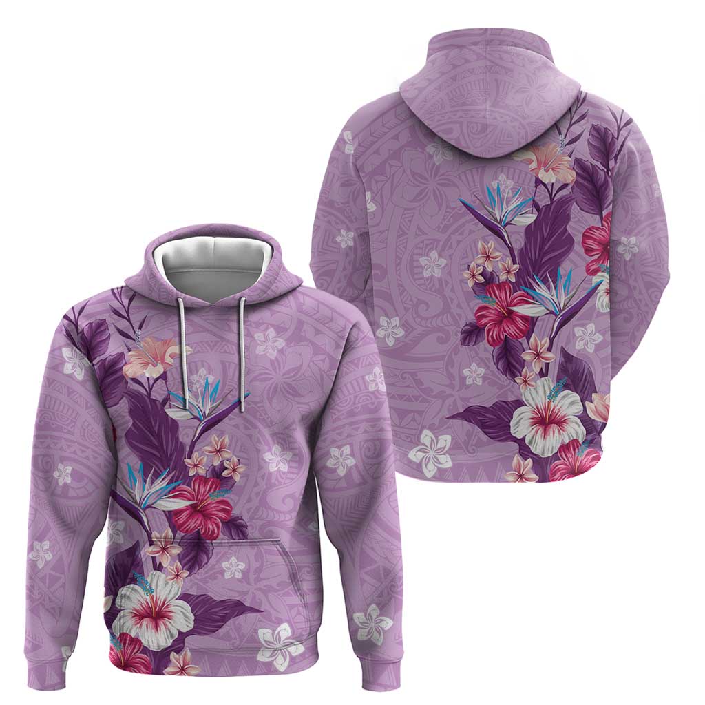 Hawaii Tropical Flowers Zip Hoodie Polynesian Tattoo Lavender
