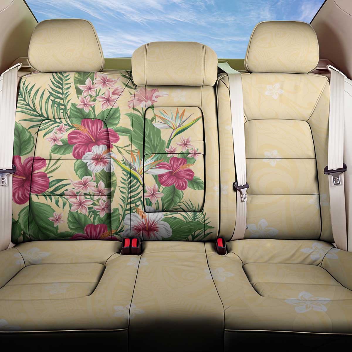 Hawaii Tropical Flowers Back Car Seat Cover Polynesian Tattoo Buttermilk LT05 One Size Beige - Polynesian Pride