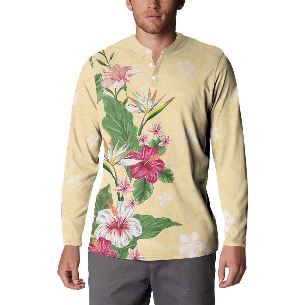 Hawaii Tropical Flowers Button Sweatshirt Polynesian Tattoo Buttermilk