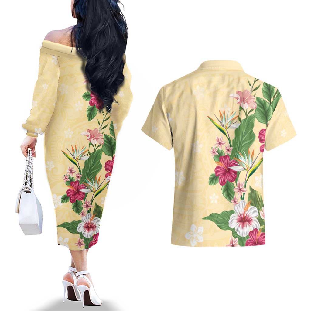 Hawaii Tropical Flowers Couples Matching Off The Shoulder Long Sleeve Dress and Hawaiian Shirt Polynesian Tattoo Buttermilk