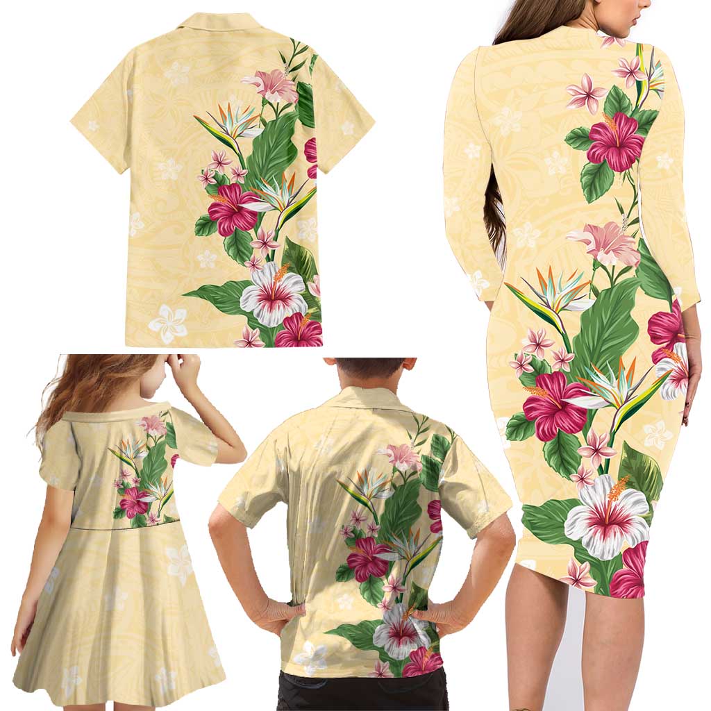 Hawaii Tropical Flowers Family Matching Long Sleeve Bodycon Dress and Hawaiian Shirt Polynesian Tattoo Buttermilk LT05 - Polynesian Pride