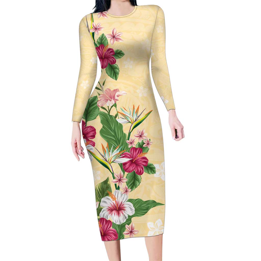 Hawaii Tropical Flowers Family Matching Long Sleeve Bodycon Dress and Hawaiian Shirt Polynesian Tattoo Buttermilk LT05 Mom's Dress Beige - Polynesian Pride