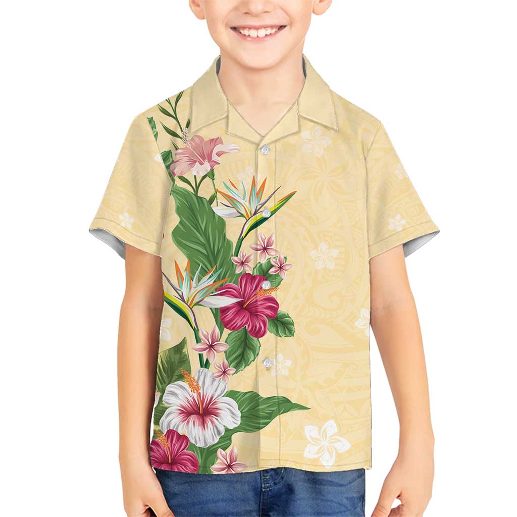 Hawaii Tropical Flowers Family Matching Long Sleeve Bodycon Dress and Hawaiian Shirt Polynesian Tattoo Buttermilk LT05 Son's Shirt Beige - Polynesian Pride