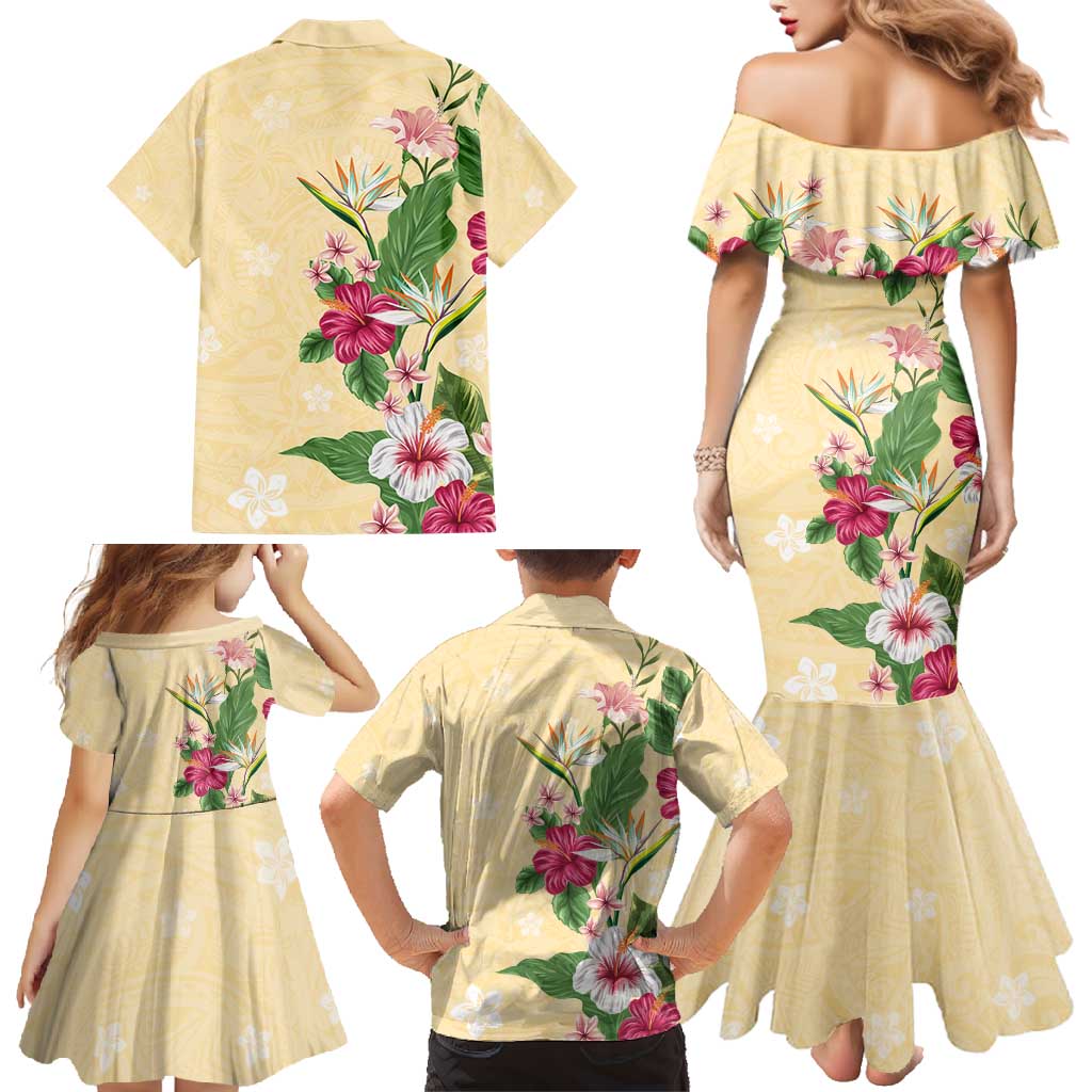 Hawaii Tropical Flowers Family Matching Mermaid Dress and Hawaiian Shirt Polynesian Tattoo Buttermilk LT05 - Polynesian Pride
