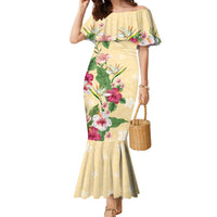 Hawaii Tropical Flowers Family Matching Mermaid Dress and Hawaiian Shirt Polynesian Tattoo Buttermilk LT05 Mom's Dress Beige - Polynesian Pride