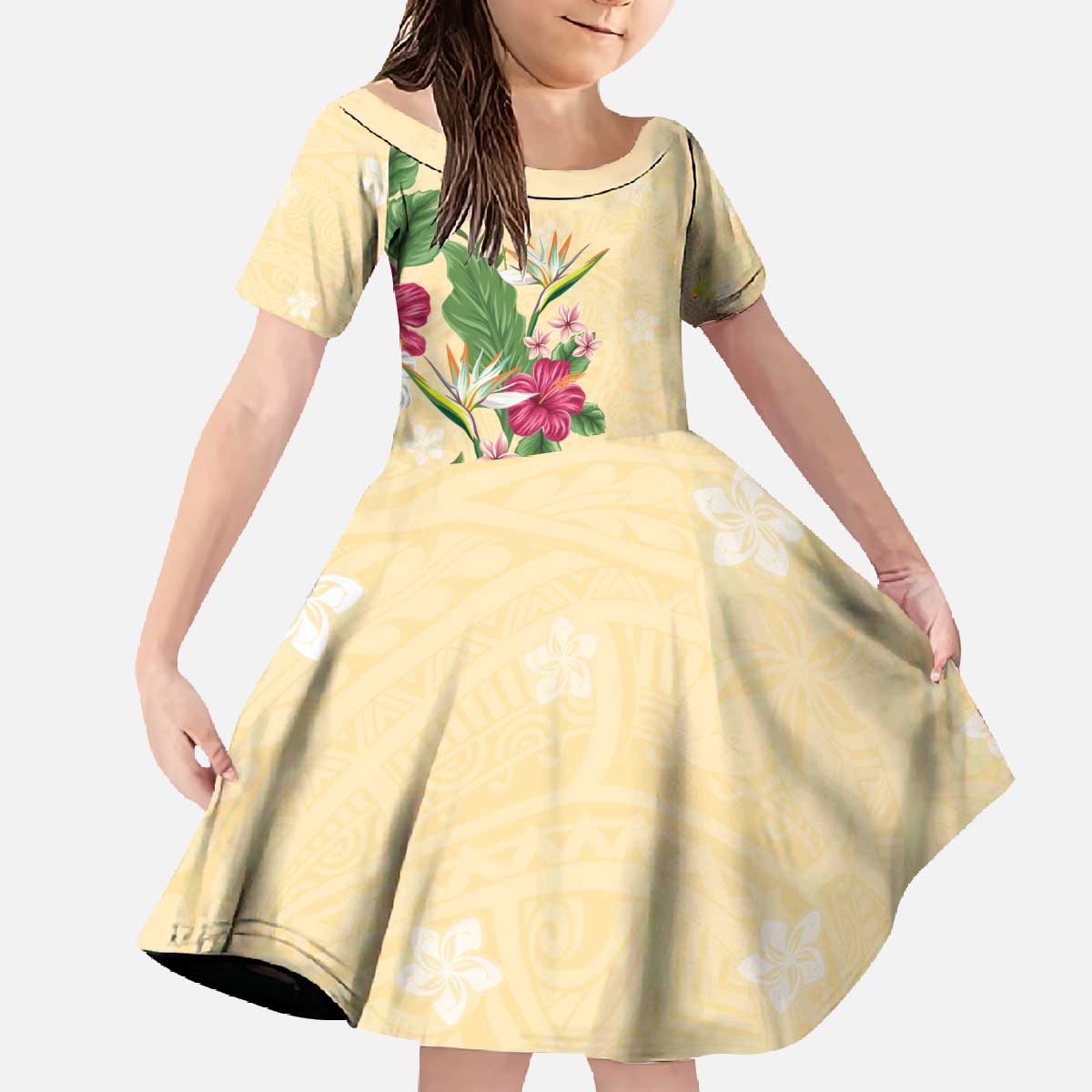 Hawaii Tropical Flowers Family Matching Off The Shoulder Long Sleeve Dress and Hawaiian Shirt Polynesian Tattoo Buttermilk LT05 Daughter's Dress Beige - Polynesian Pride