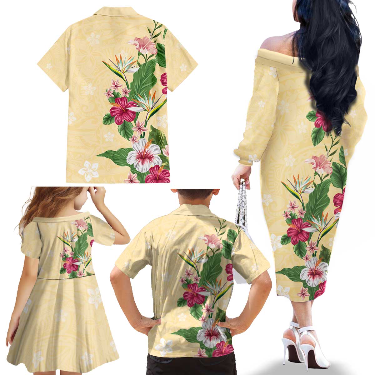 Hawaii Tropical Flowers Family Matching Off The Shoulder Long Sleeve Dress and Hawaiian Shirt Polynesian Tattoo Buttermilk LT05 - Polynesian Pride