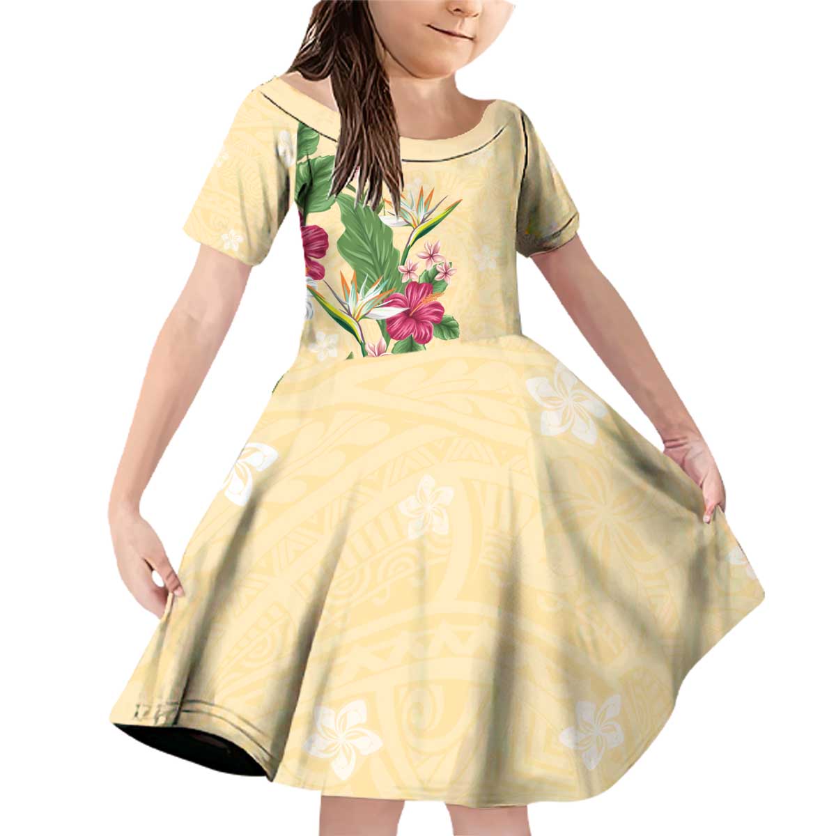 Hawaii Tropical Flowers Family Matching Off Shoulder Short Dress and Hawaiian Shirt Polynesian Tattoo Buttermilk LT05 Daughter's Dress Beige - Polynesian Pride