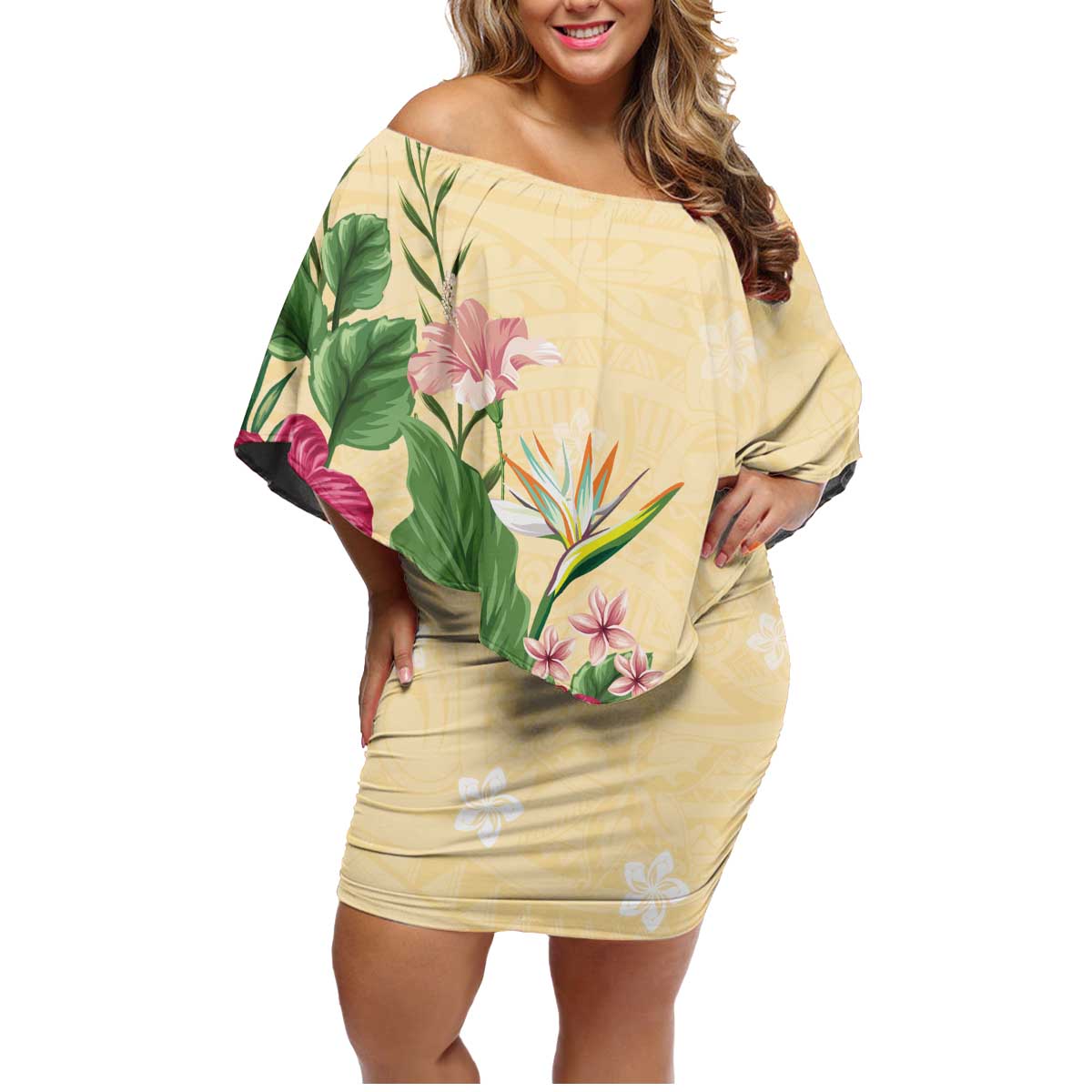 Hawaii Tropical Flowers Family Matching Off Shoulder Short Dress and Hawaiian Shirt Polynesian Tattoo Buttermilk LT05 Mom's Dress Beige - Polynesian Pride