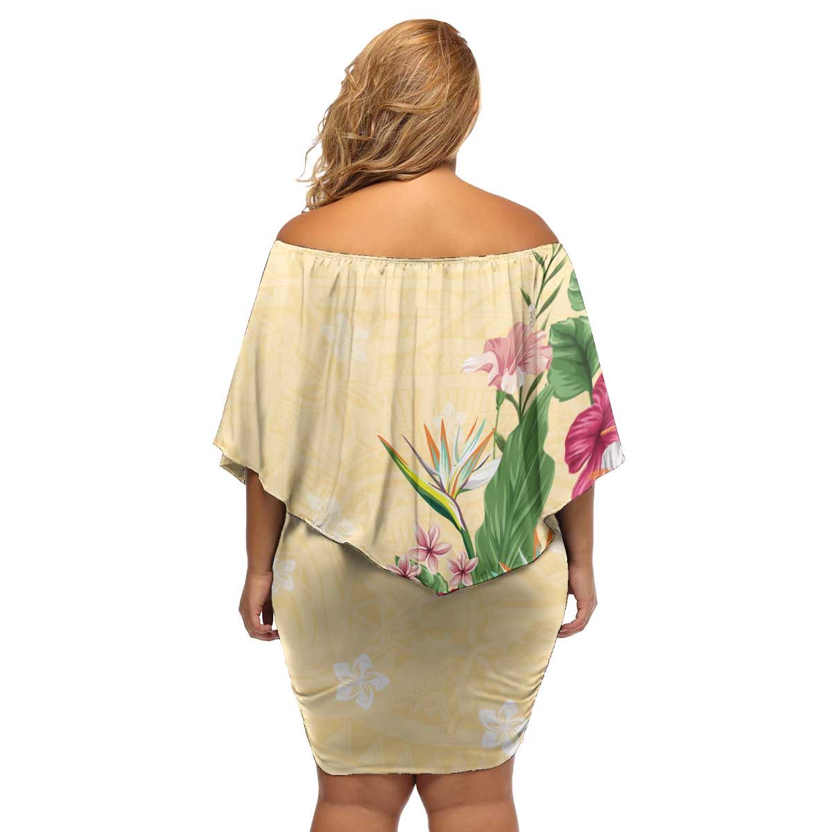Hawaii Tropical Flowers Family Matching Off Shoulder Short Dress and Hawaiian Shirt Polynesian Tattoo Buttermilk LT05 - Polynesian Pride