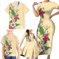 Hawaii Tropical Flowers Family Matching Short Sleeve Bodycon Dress and Hawaiian Shirt Polynesian Tattoo Buttermilk LT05 - Polynesian Pride