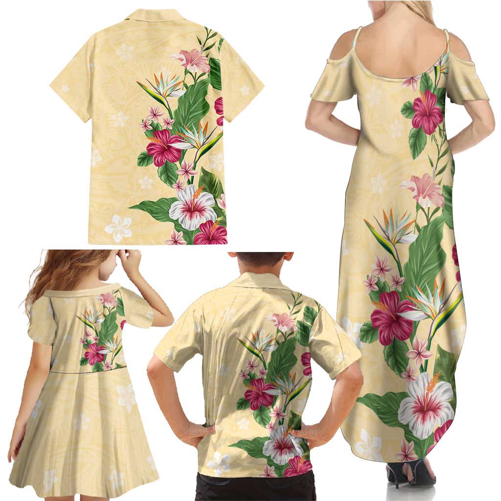 Hawaii Tropical Flowers Family Matching Summer Maxi Dress and Hawaiian Shirt Polynesian Tattoo Buttermilk LT05 - Polynesian Pride
