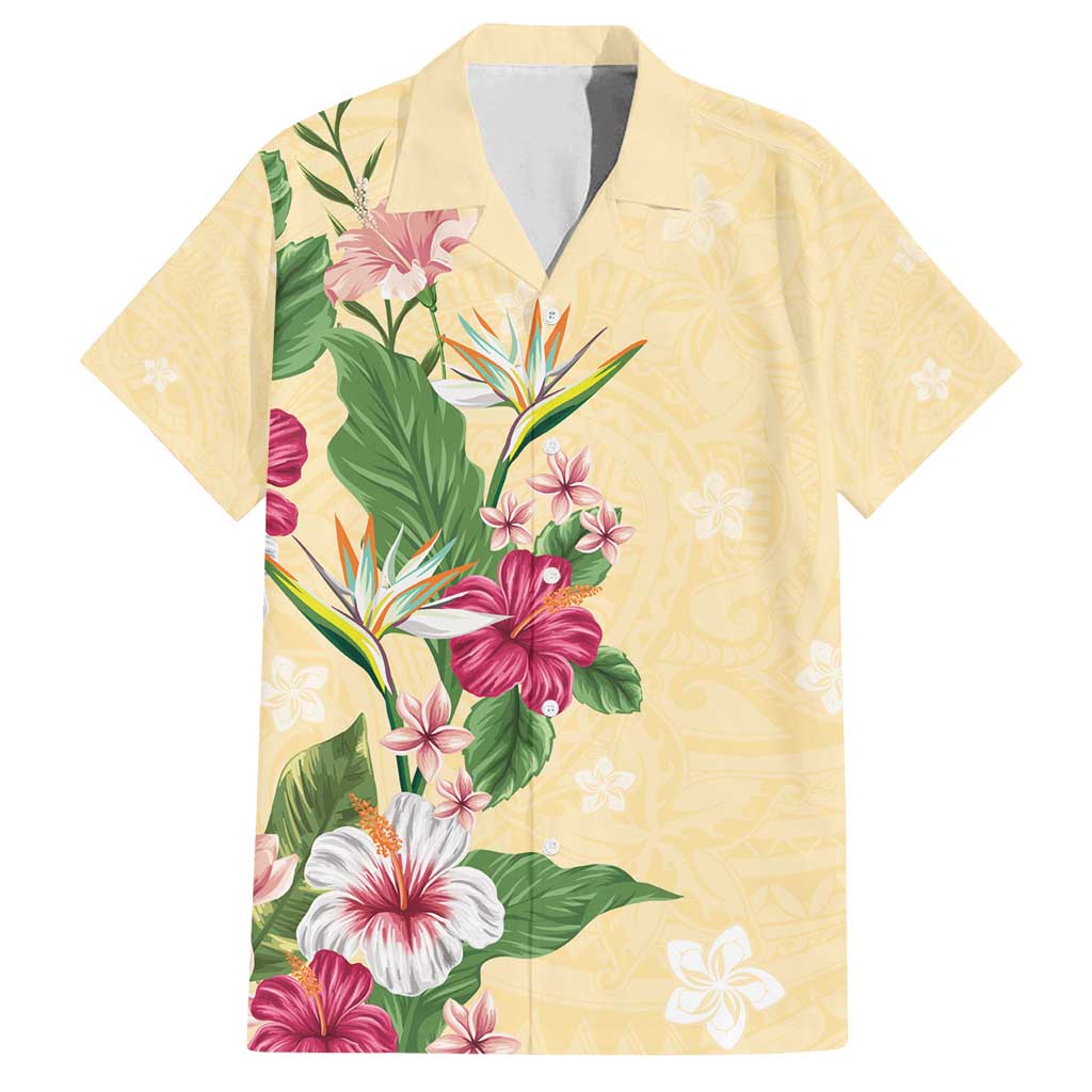 Hawaii Tropical Flowers Family Matching Summer Maxi Dress and Hawaiian Shirt Polynesian Tattoo Buttermilk LT05 Dad's Shirt - Short Sleeve Beige - Polynesian Pride