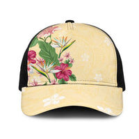 Hawaii Tropical Flowers Mesh Trucker Cap Polynesian Tattoo Buttermilk