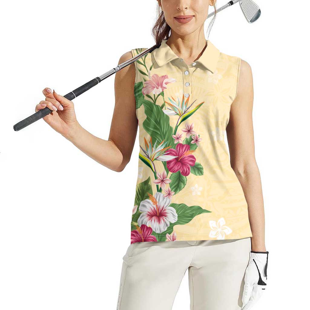 Hawaii Tropical Flowers Women Sleeveless Polo Shirt Polynesian Tattoo Buttermilk