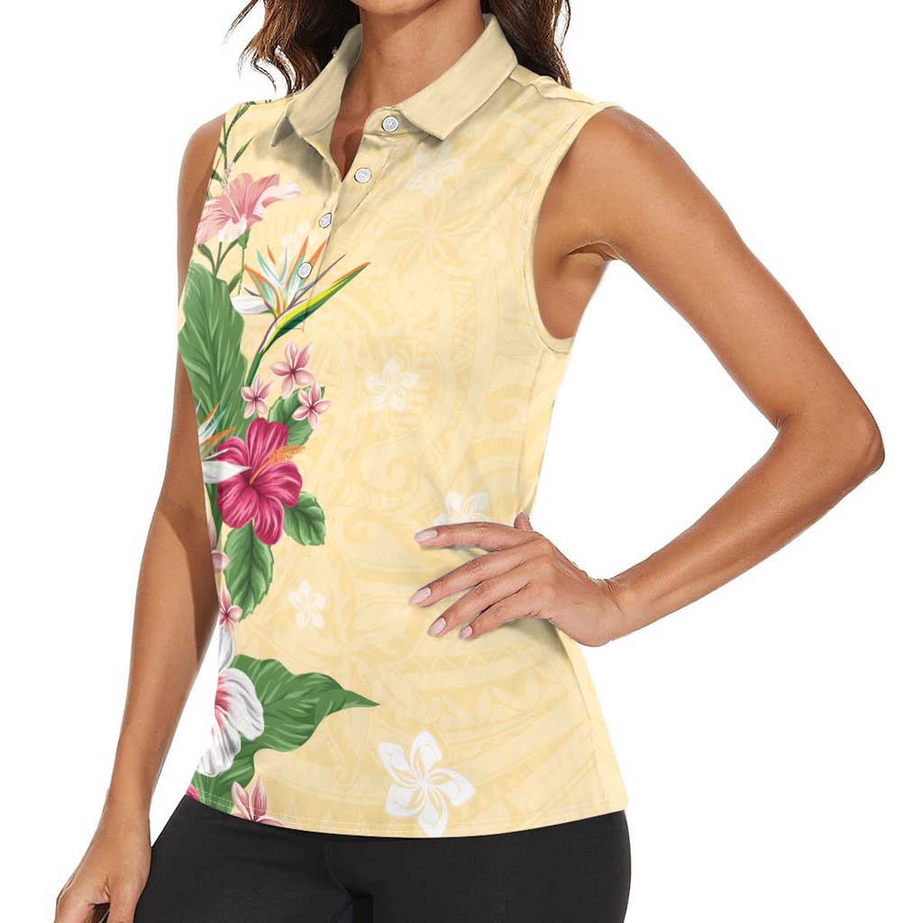 Hawaii Tropical Flowers Women Sleeveless Polo Shirt Polynesian Tattoo Buttermilk