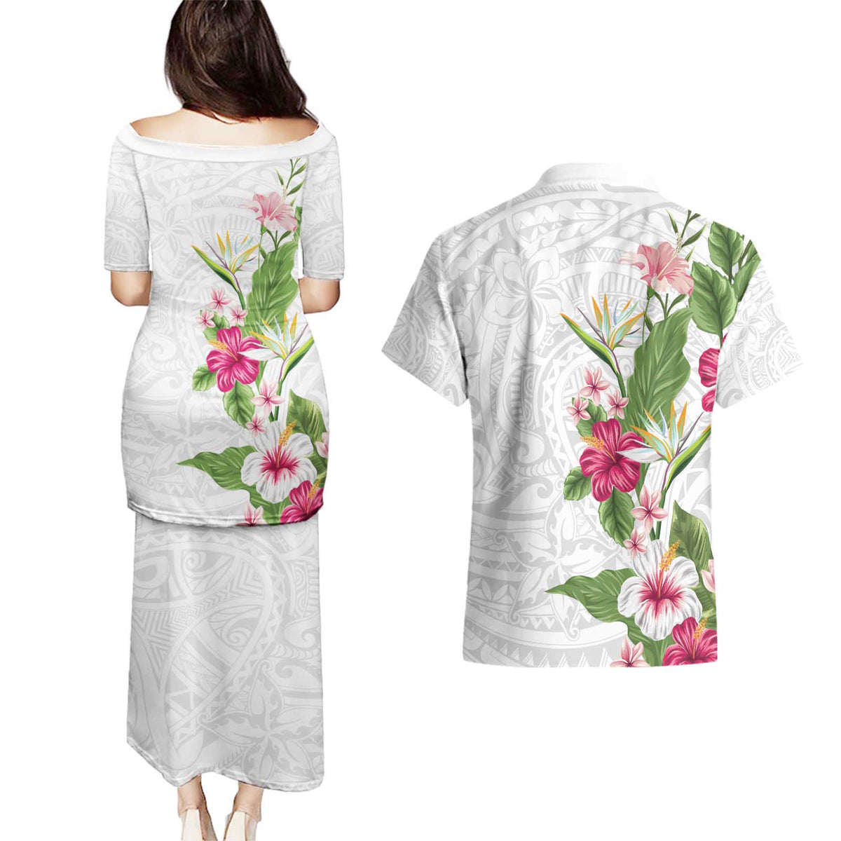 Hawaii Tropical Flowers Couples Matching Puletasi and Hawaiian Shirt Polynesian Tattoo White