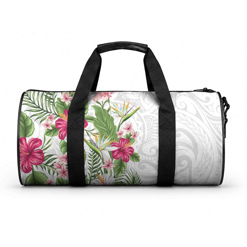 Hawaii Tropical Flowers Duffle Bag Polynesian Tattoo White