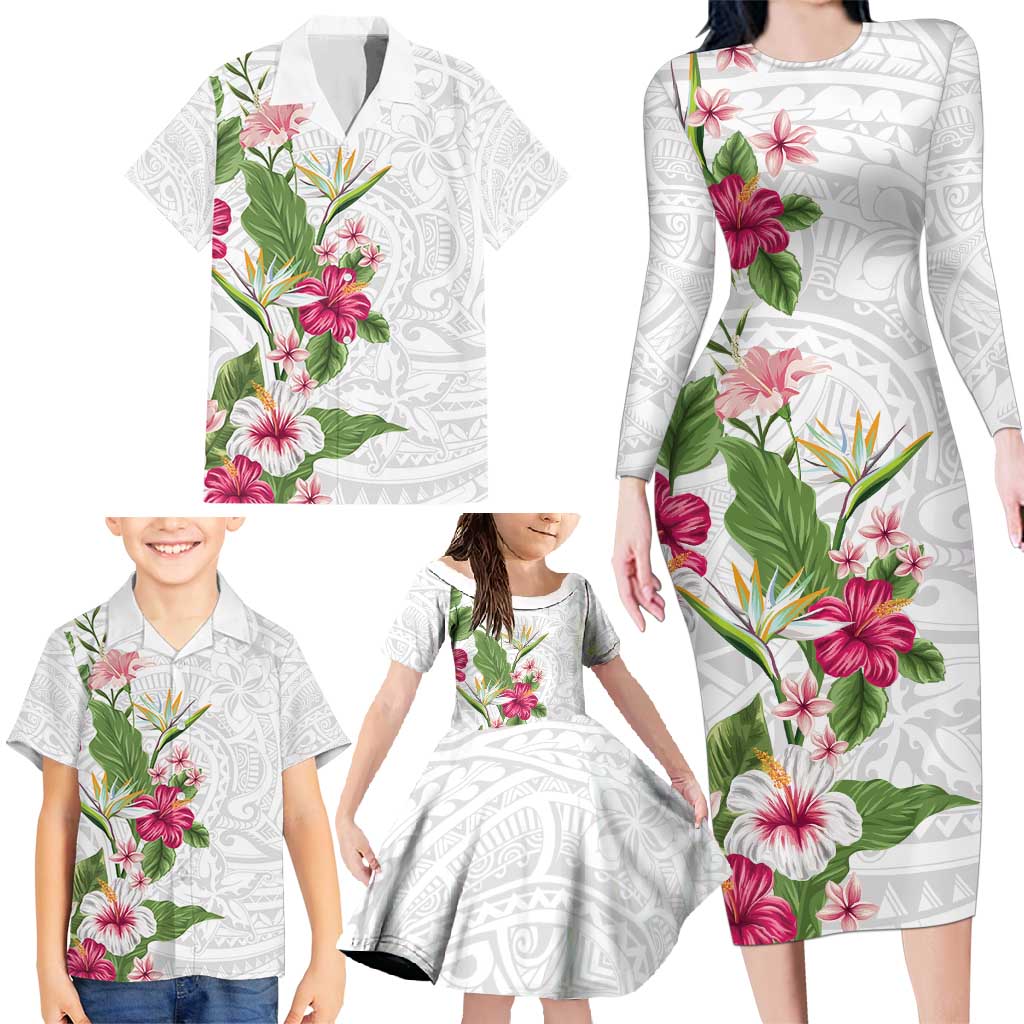 Hawaii Tropical Flowers Family Matching Long Sleeve Bodycon Dress and Hawaiian Shirt Polynesian Tattoo White LT05 - Polynesian Pride
