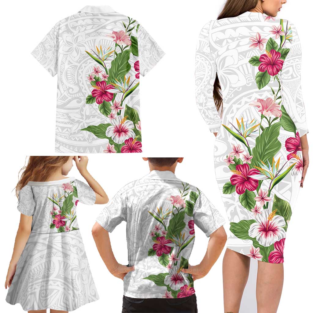Hawaii Tropical Flowers Family Matching Long Sleeve Bodycon Dress and Hawaiian Shirt Polynesian Tattoo White LT05 - Polynesian Pride