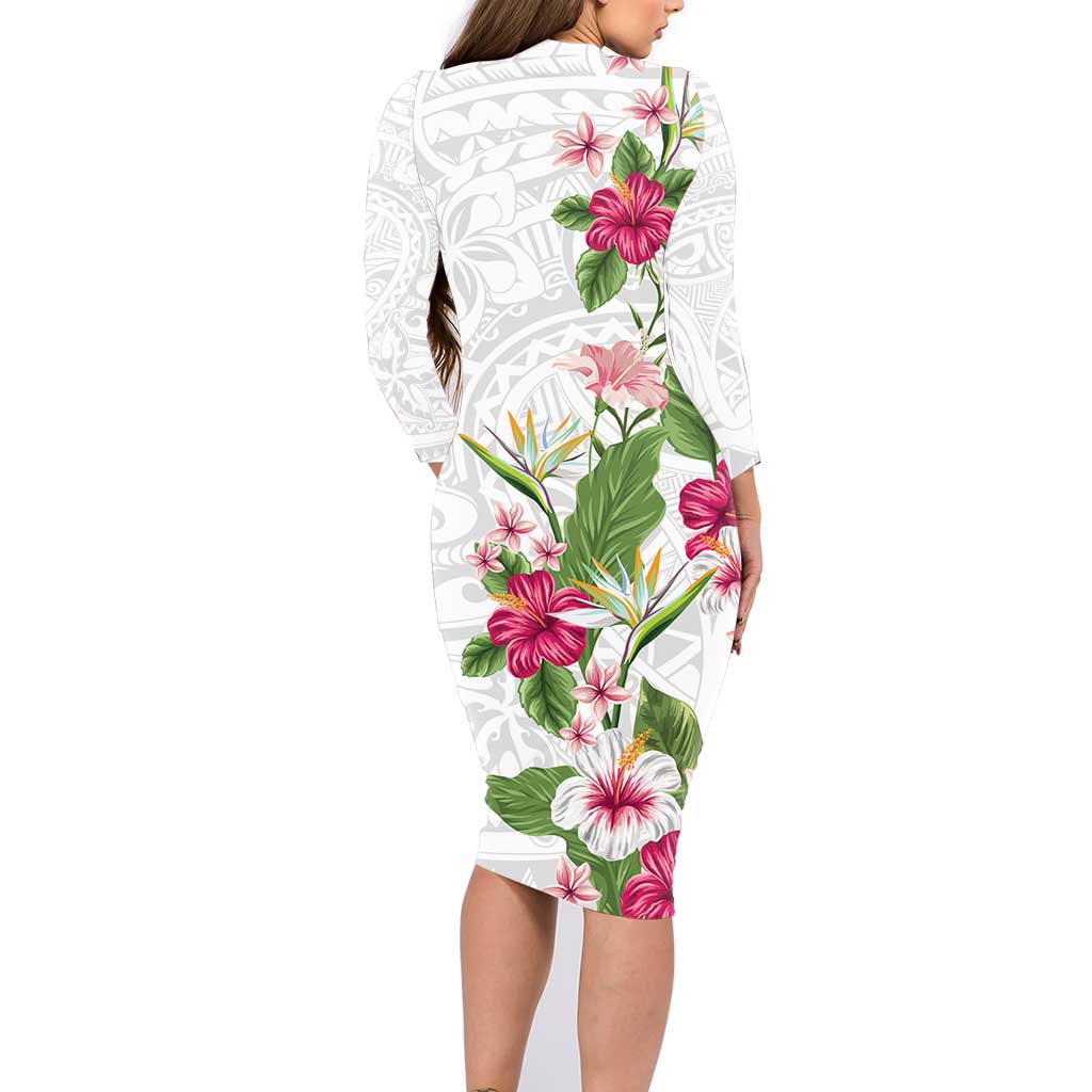 Hawaii Tropical Flowers Family Matching Long Sleeve Bodycon Dress and Hawaiian Shirt Polynesian Tattoo White LT05 - Polynesian Pride