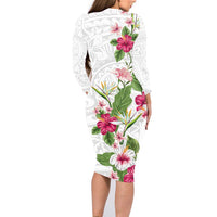 Hawaii Tropical Flowers Family Matching Long Sleeve Bodycon Dress and Hawaiian Shirt Polynesian Tattoo White LT05 - Polynesian Pride