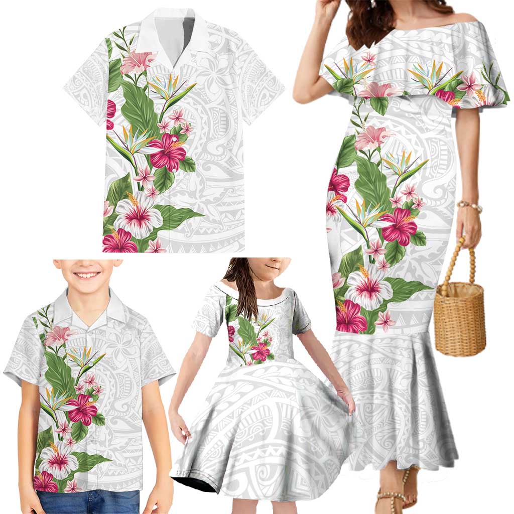 Hawaii Tropical Flowers Family Matching Mermaid Dress and Hawaiian Shirt Polynesian Tattoo White LT05 - Polynesian Pride