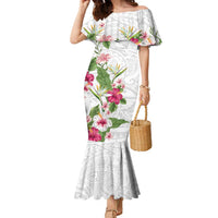 Hawaii Tropical Flowers Family Matching Mermaid Dress and Hawaiian Shirt Polynesian Tattoo White LT05 Mom's Dress White - Polynesian Pride