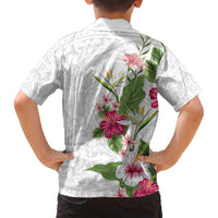 Hawaii Tropical Flowers Family Matching Off The Shoulder Long Sleeve Dress and Hawaiian Shirt Polynesian Tattoo White LT05 - Polynesian Pride