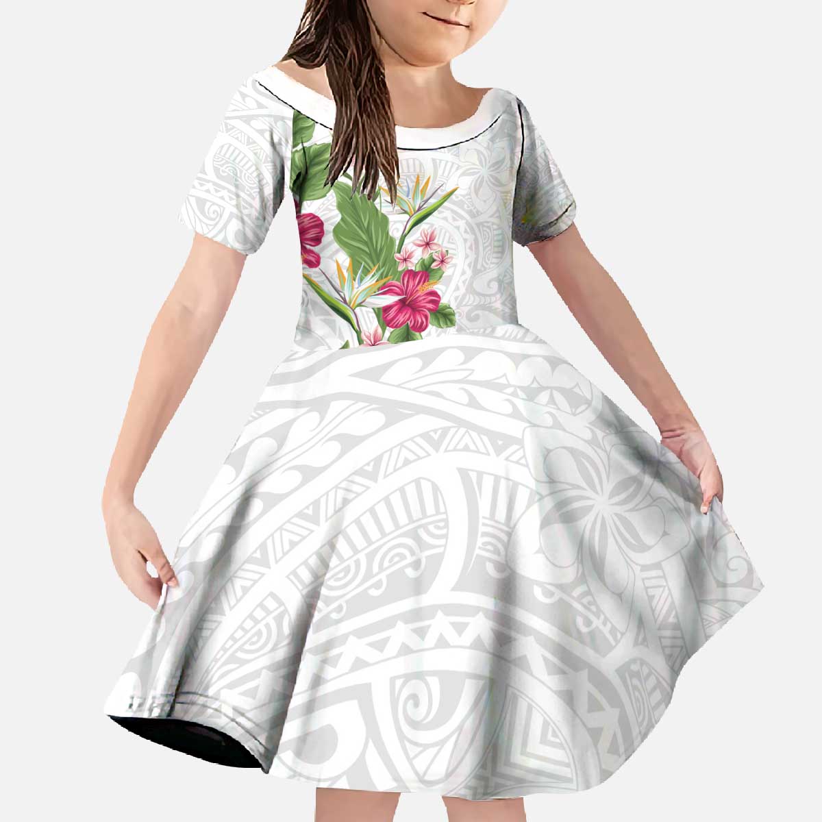 Hawaii Tropical Flowers Family Matching Off The Shoulder Long Sleeve Dress and Hawaiian Shirt Polynesian Tattoo White LT05 Daughter's Dress White - Polynesian Pride