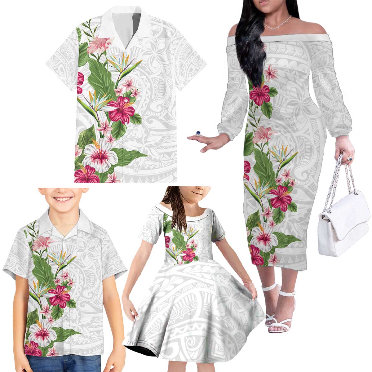 Hawaii Tropical Flowers Family Matching Off The Shoulder Long Sleeve Dress and Hawaiian Shirt Polynesian Tattoo White LT05 - Polynesian Pride